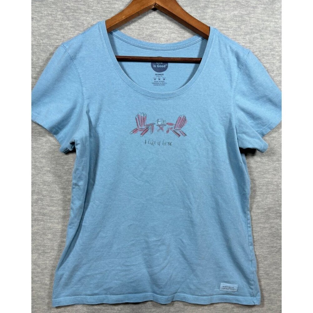 Life Is Good‎ Womens M Blue T-Shirt "I Like It Here" Graphic Adirondack Chair